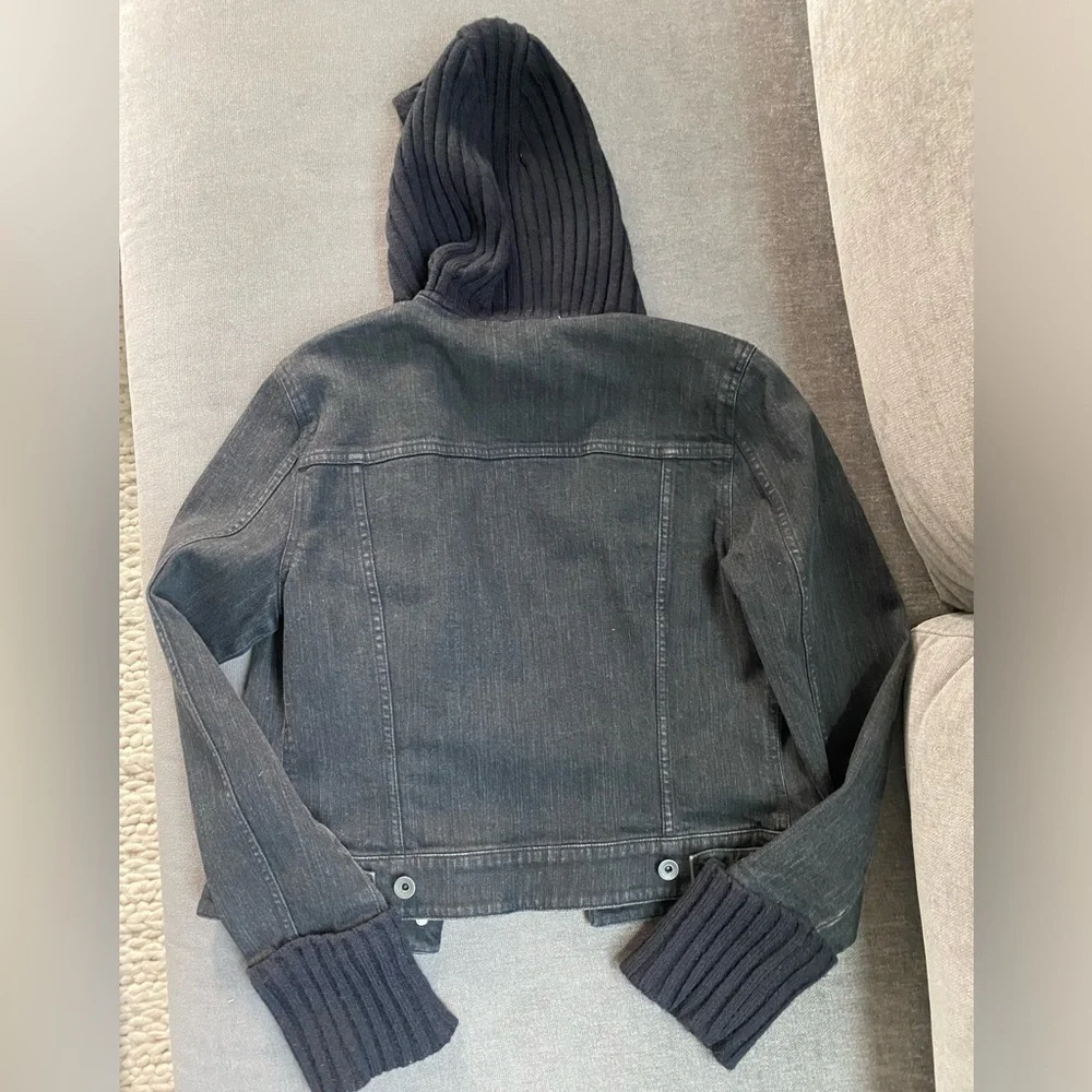 INC International Concepts Black Denim Jacket with Knit Hood and Cuffs S…